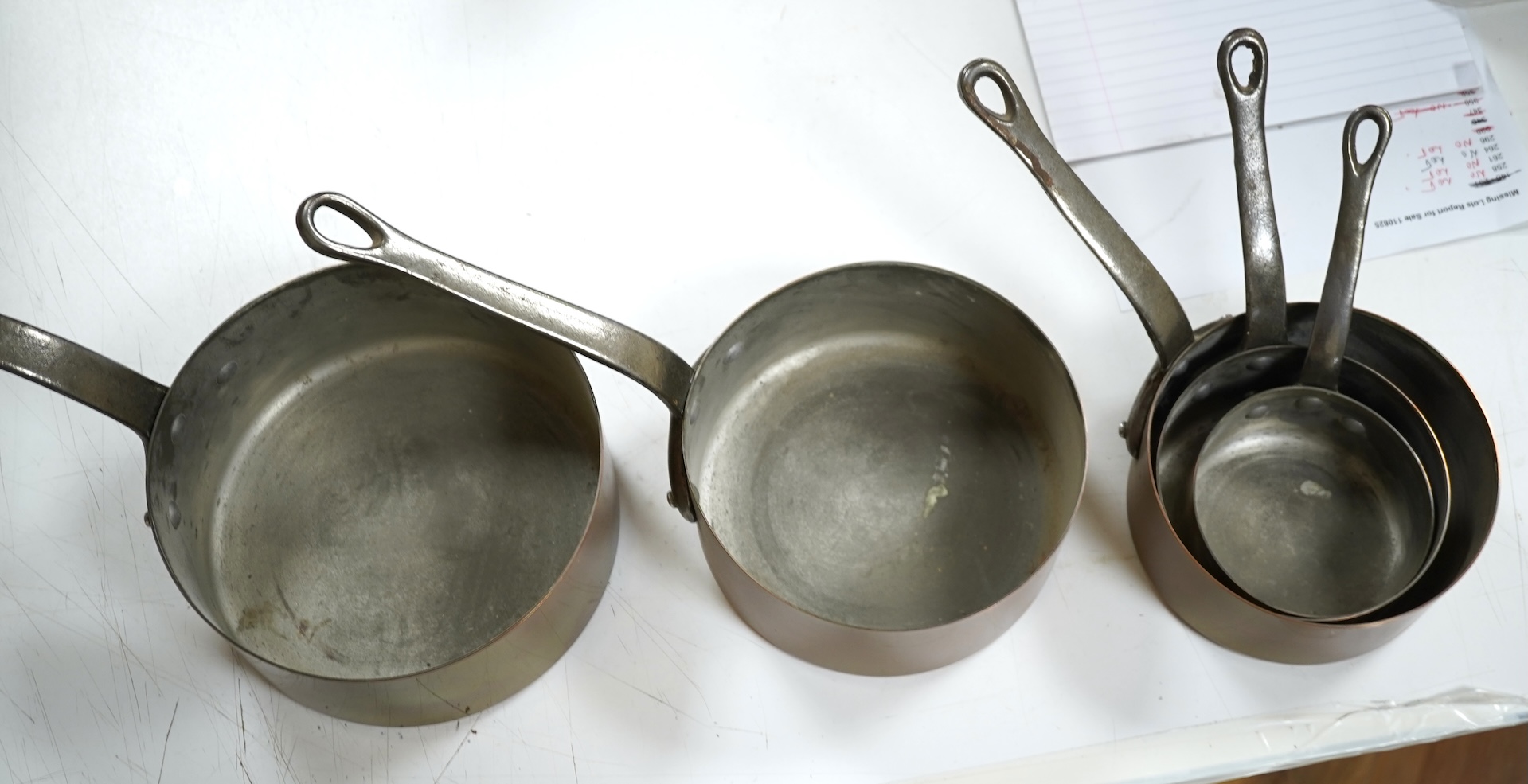 A graduated set of five French copper pans